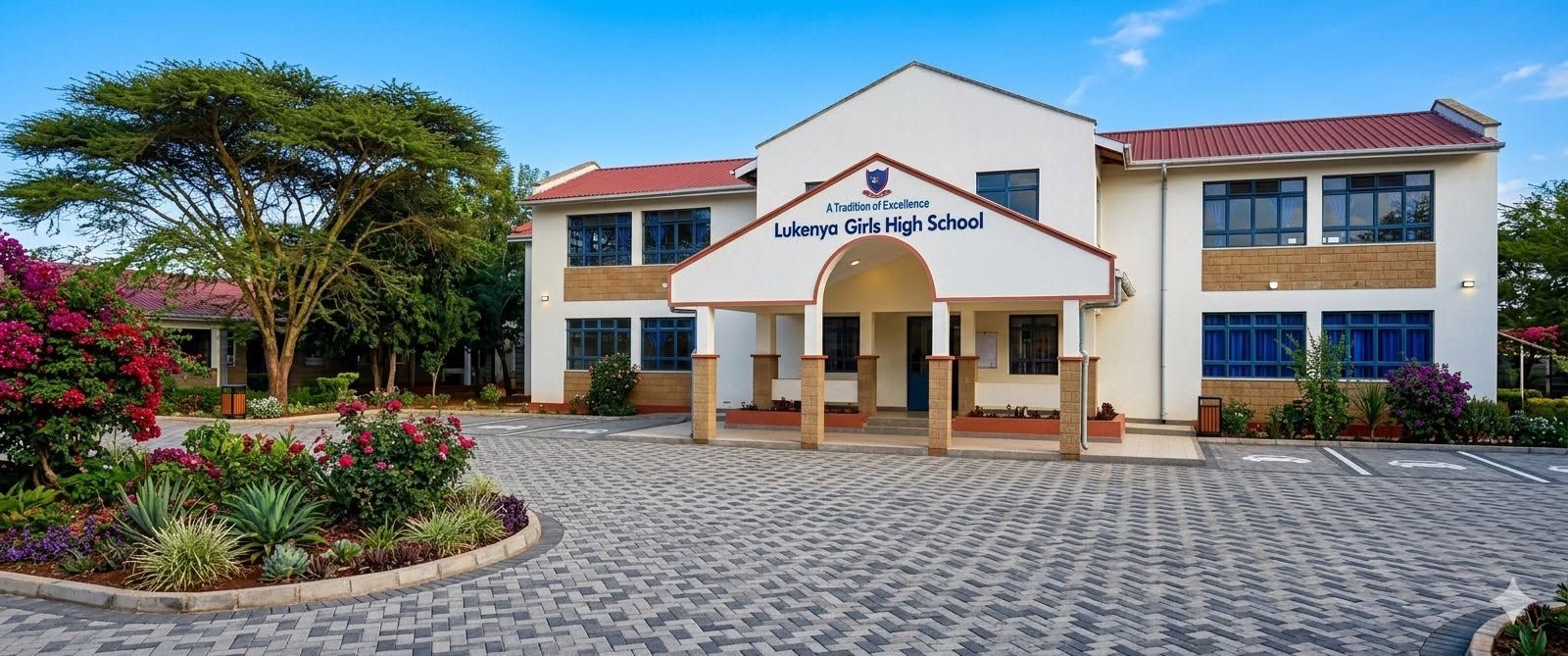 The Lukenya Girls High School administration block with landscaped gardens and courtyard